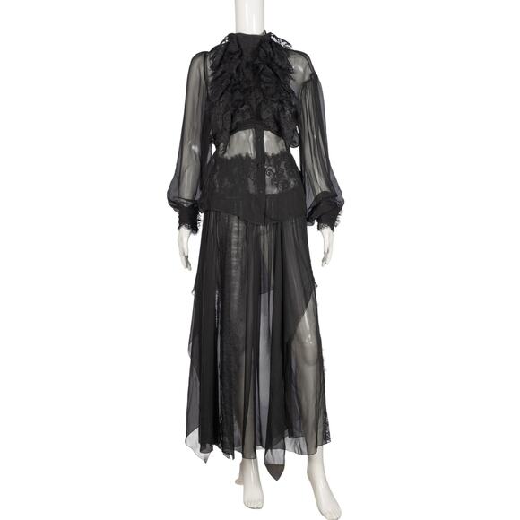 Alberta Ferretti Dresses & Skirts - ALBERTA FERRETTI Black Silk Lace Sheer Ruffle Blouse & Skirt 3-Piece Set Size M